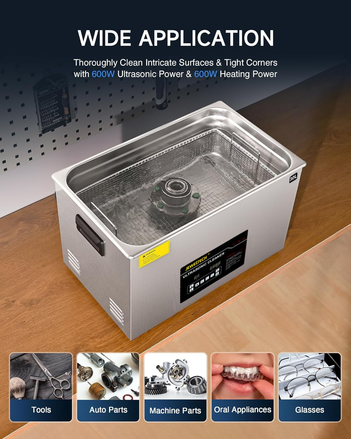 JEWELTECH 30L Ultrasonic Cleaner with Heater and Timer, 600W Stainless Steel Ultrasonic Cleaner Machine with Degas & Gentle Modes, Ultrasonic Parts Cleaner with Knob Control