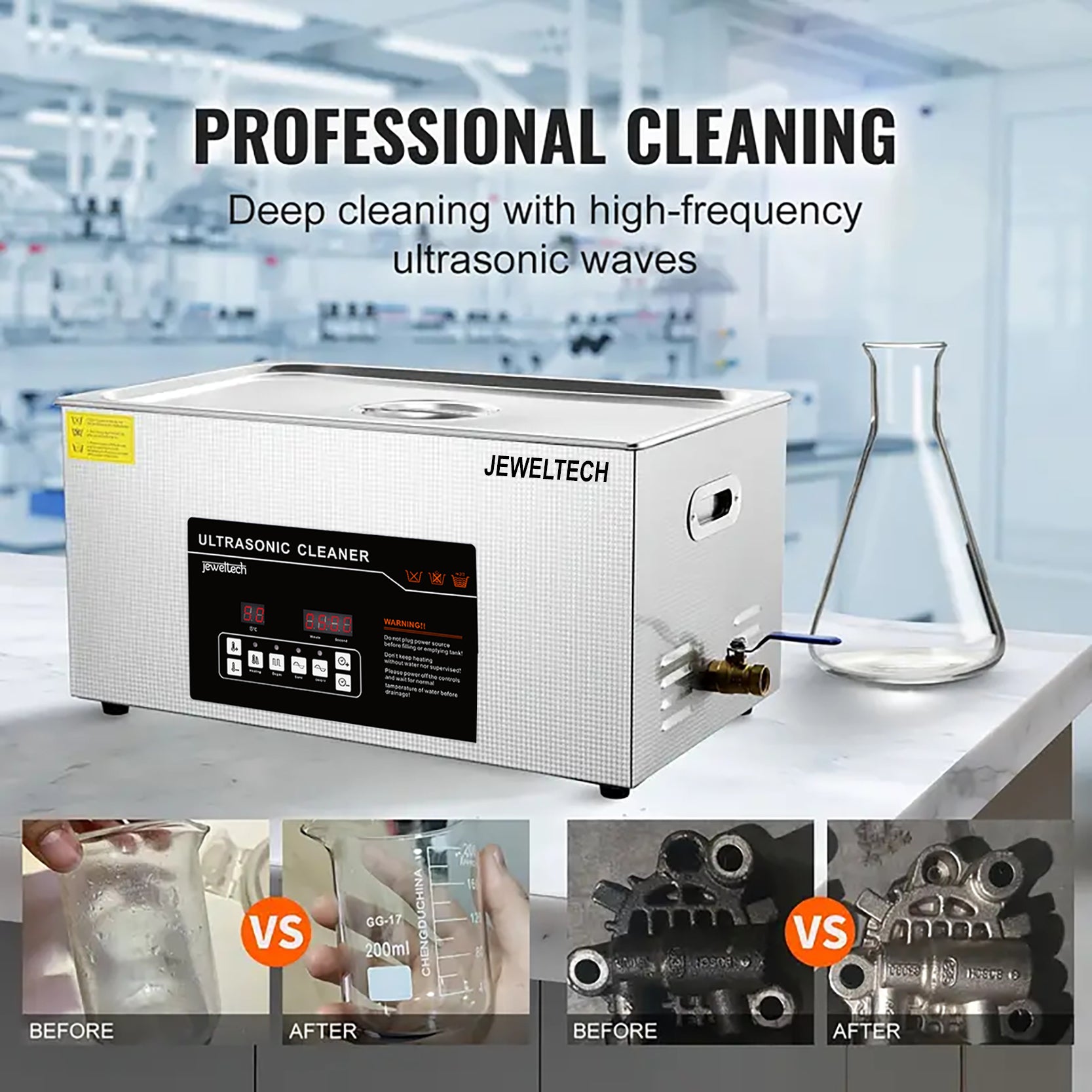 Jeweltech ultrasonic cleaner with before and after images of cleaning process in a laboratory setting.