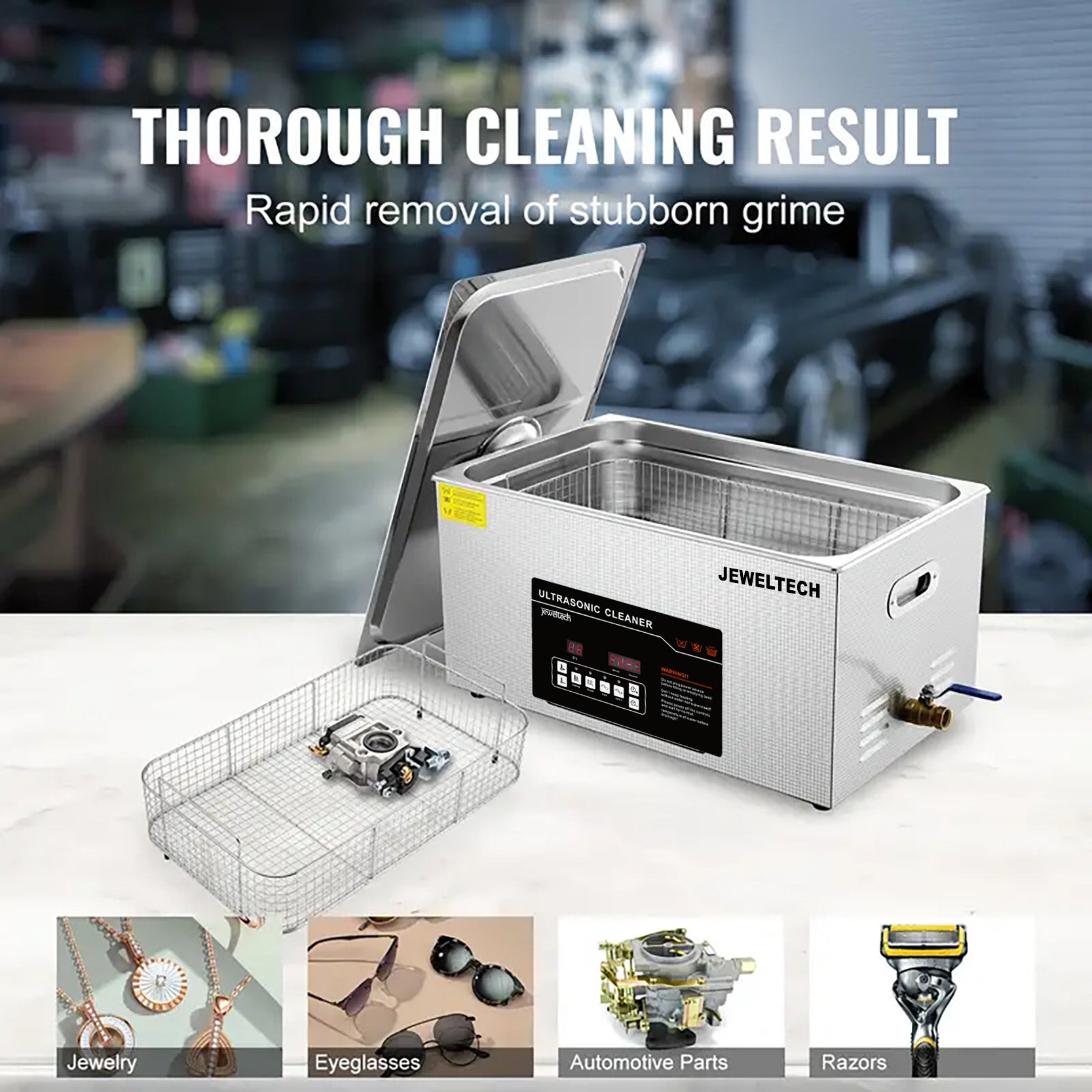 Jeweltech ultrasonic cleaner with cleaning results displayed on a blurred workshop background