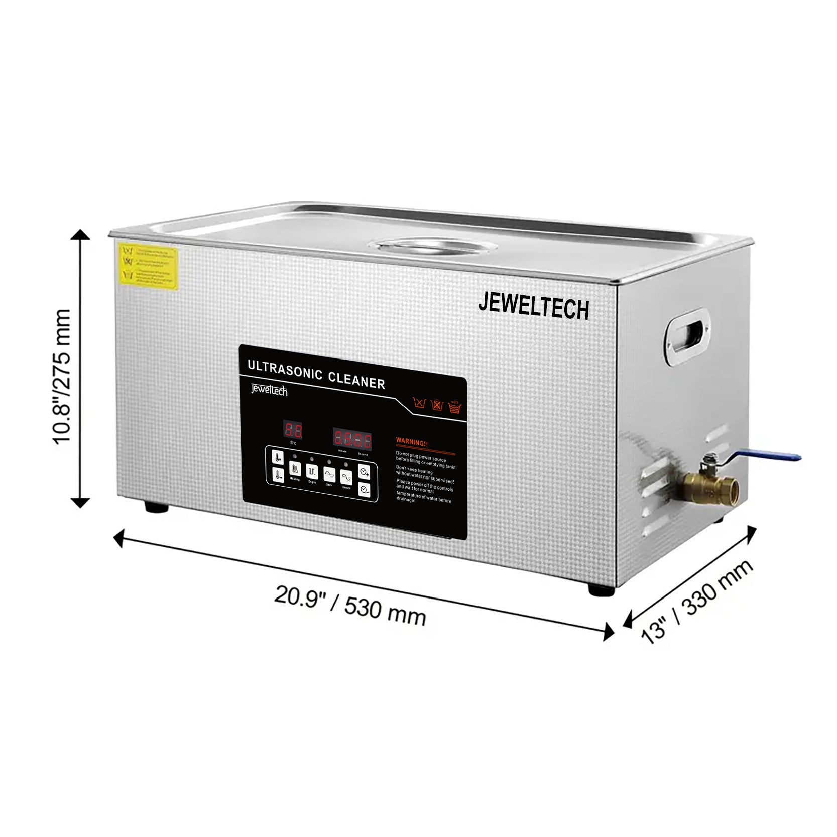 Jeweltech ultrasonic cleaner with dimensions indicated 