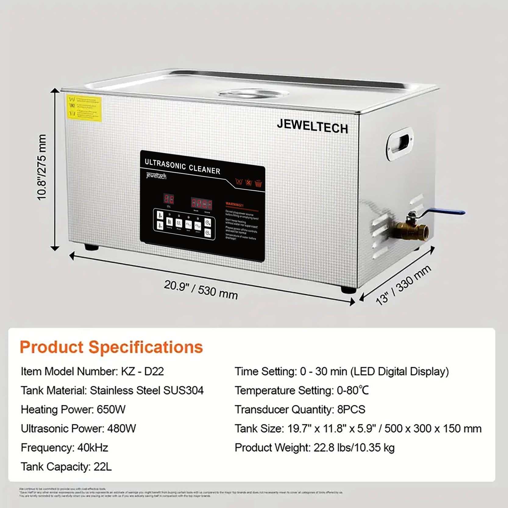 Jeweltech ultrasonic cleaner with specifications on a gray background