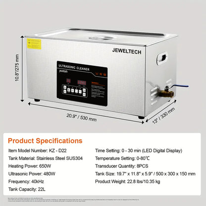 Jeweltech ultrasonic cleaner with specifications on a gray background