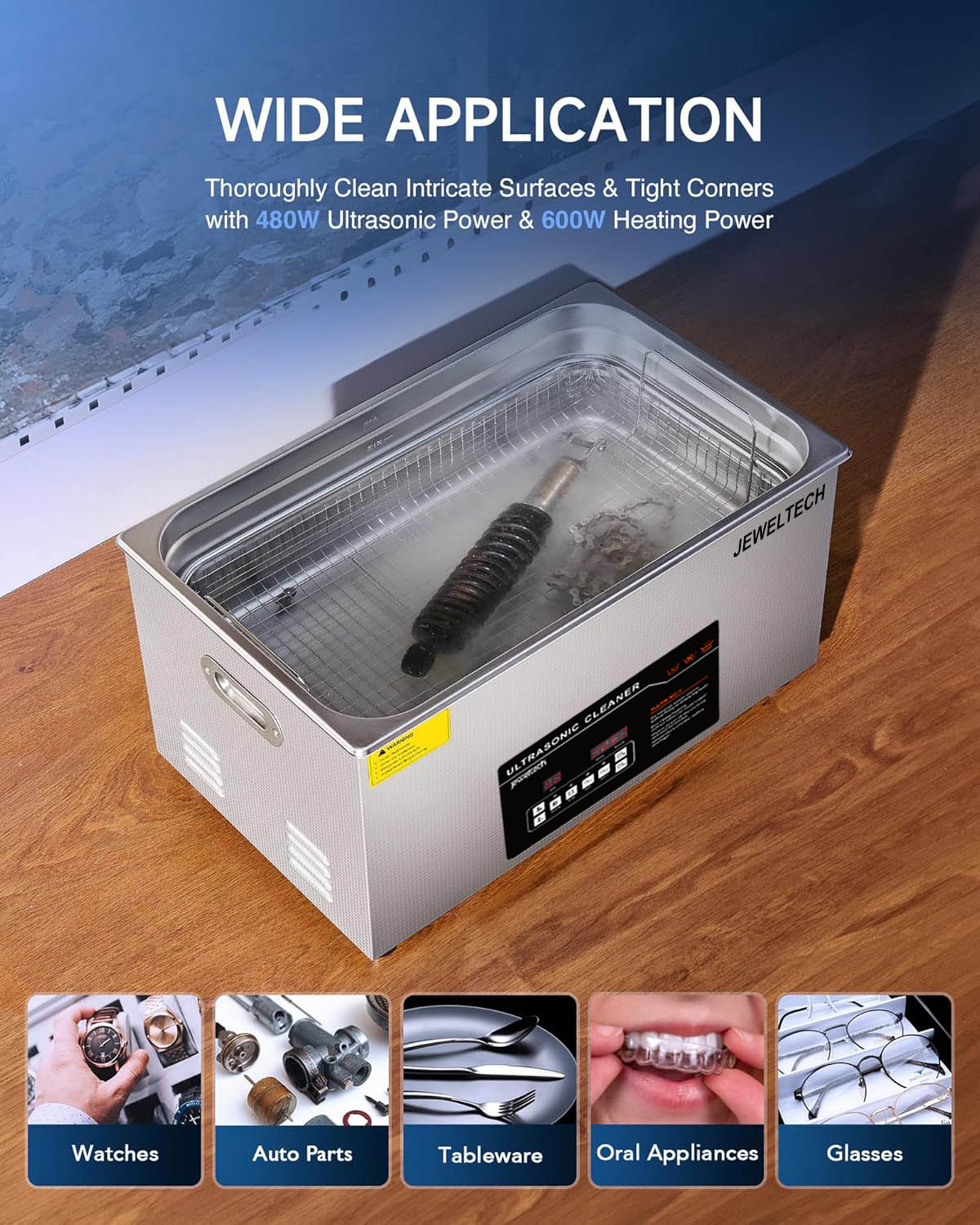 Ultrasonic cleaner with cleaning capabilities for various items on a wooden surface.