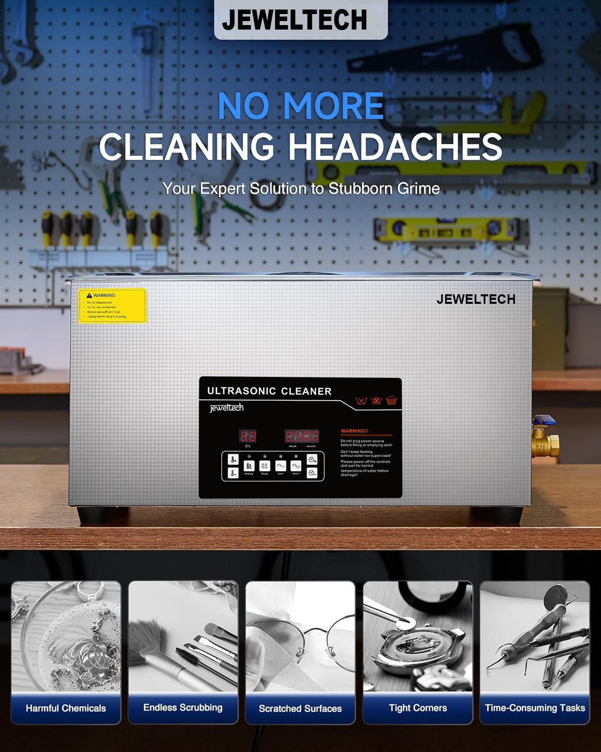 Jeweltech ultrasonic cleaner with text 'No More Cleaning Headaches' on a workshop background.