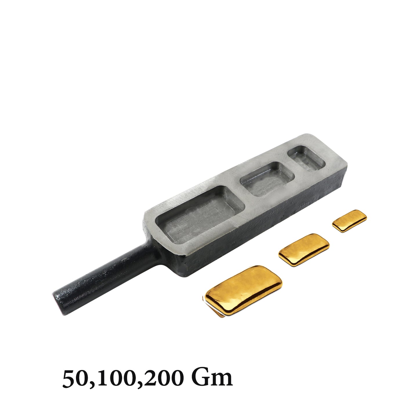 Multi-size gold casting mould rejashowing 50g, 100g, and 200g bar cavity options