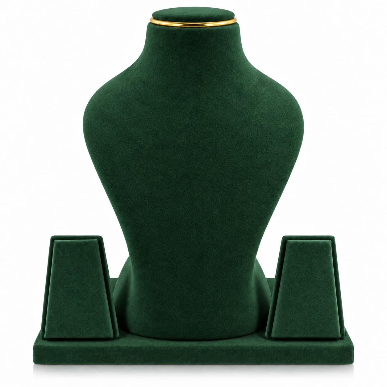 A dark green velvet jewelry display bust with a gold trim at the neck, set on a matching rectangular base with two side supports, photographed against a plain white background.