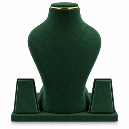 A dark green velvet jewelry display bust with a gold trim at the neck, set on a matching rectangular base with two side supports, photographed against a plain white background.