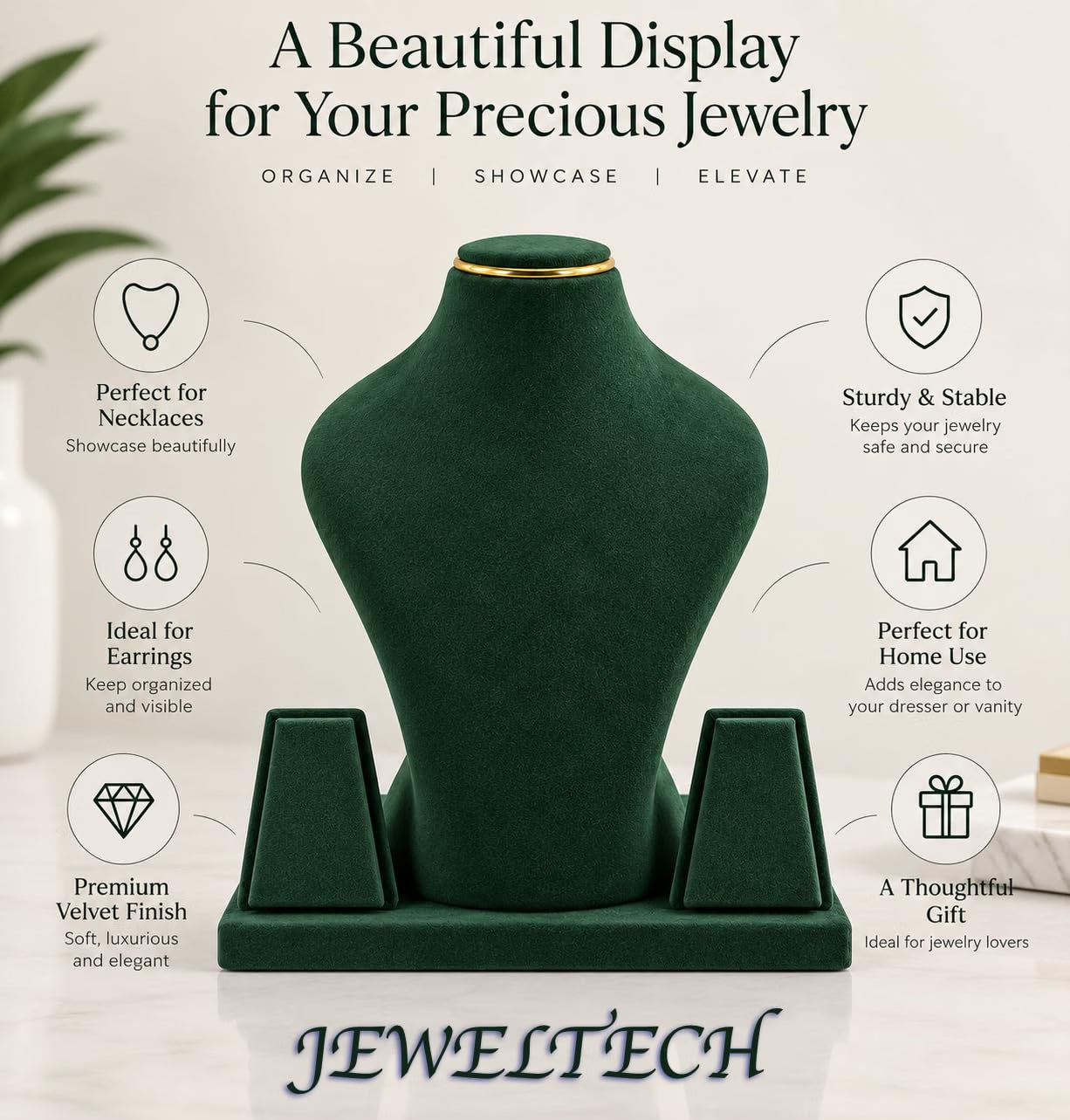 JewelTech green jewellery display stand for necklace earrings and pendants