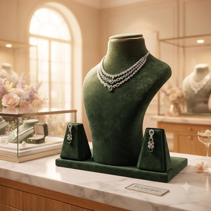 Green velvet necklace display bust with two earring holders