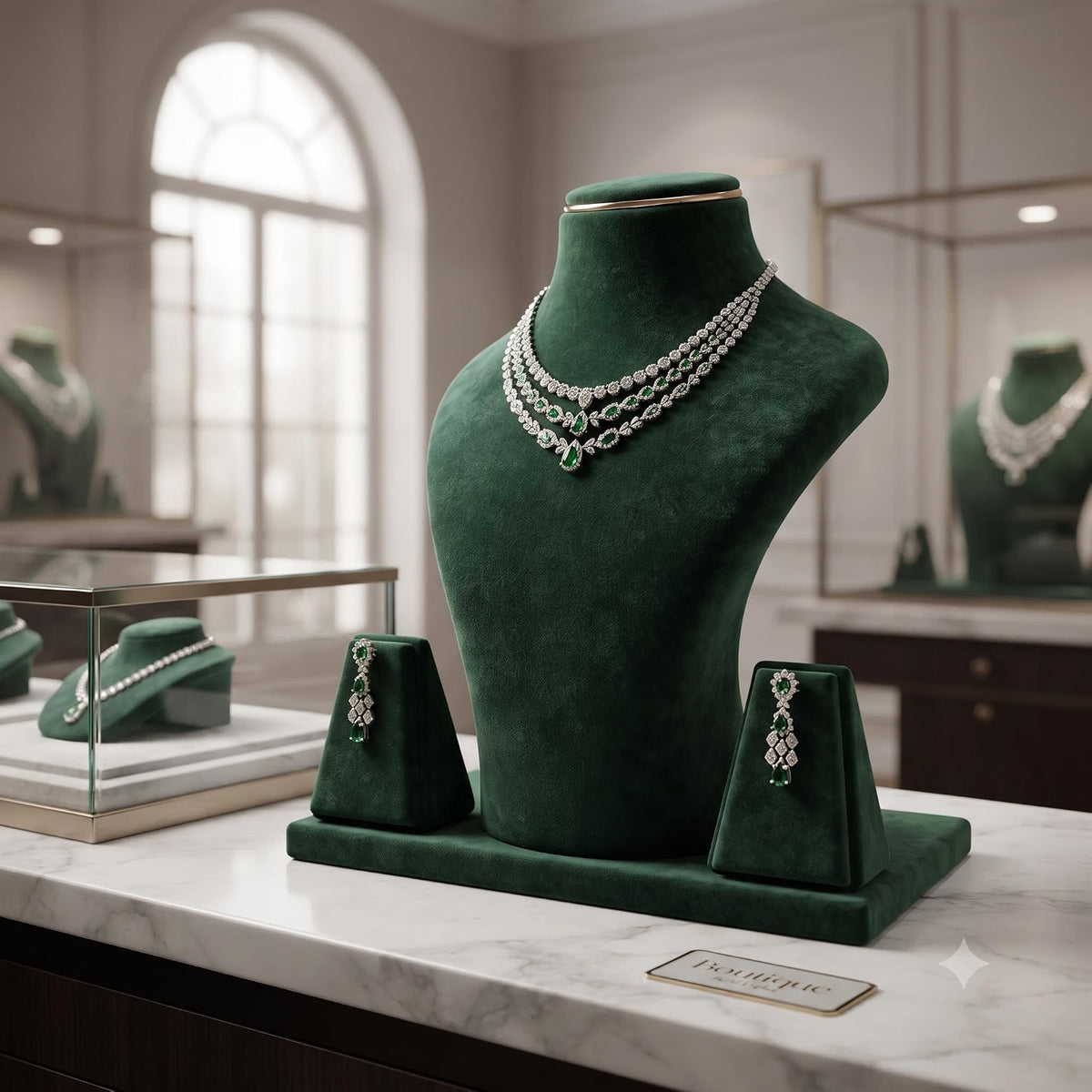 JewelTech green velvet jewellery display stand with necklace bust and earring holders
