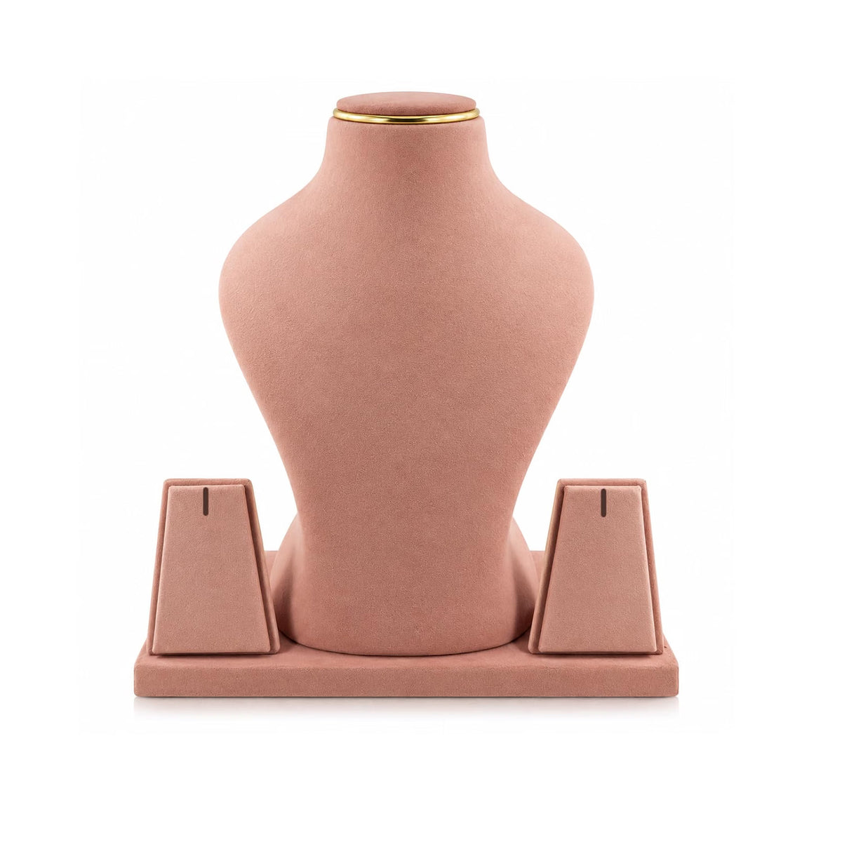 A blush pink velvet jewelry display bust on a matching rectangular base, with two small side supports, photographed against a clean white background.