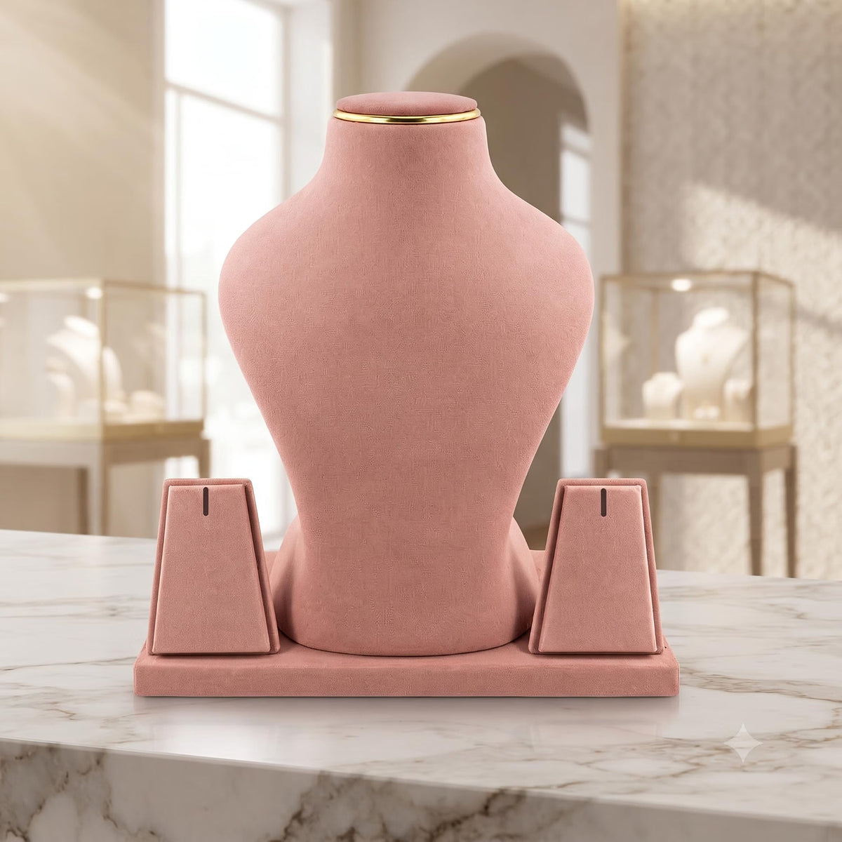 Rose pink velvet necklace display bust with two earring holders
