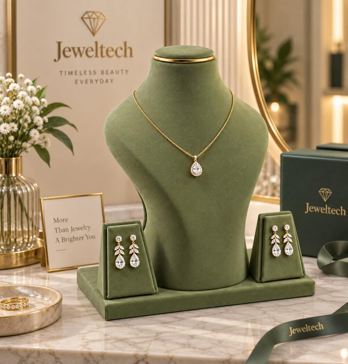 Velvet necklace display bust with two earring holders for jewellery shop
