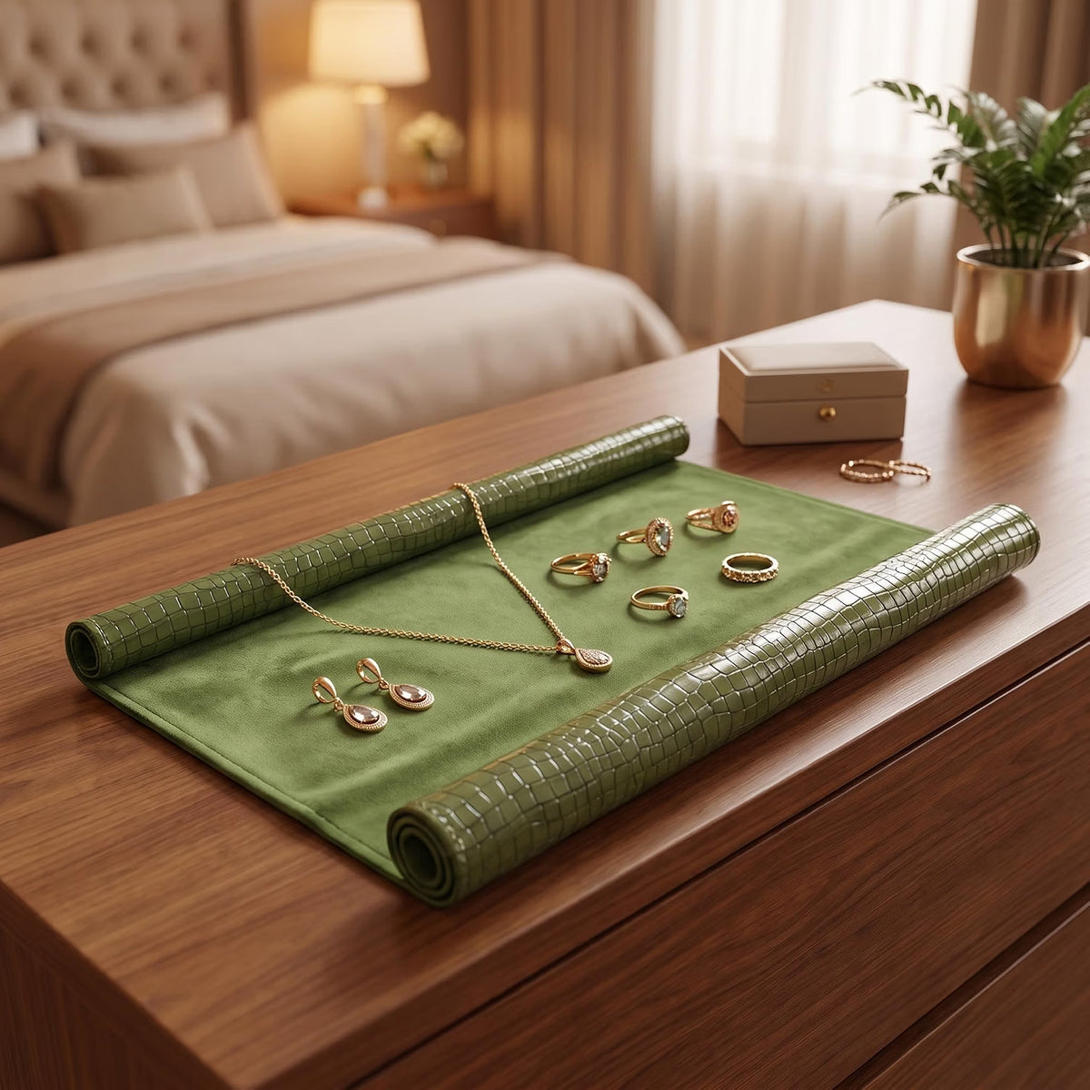 Green velvet jewellery display mat with gold and silver jewellery