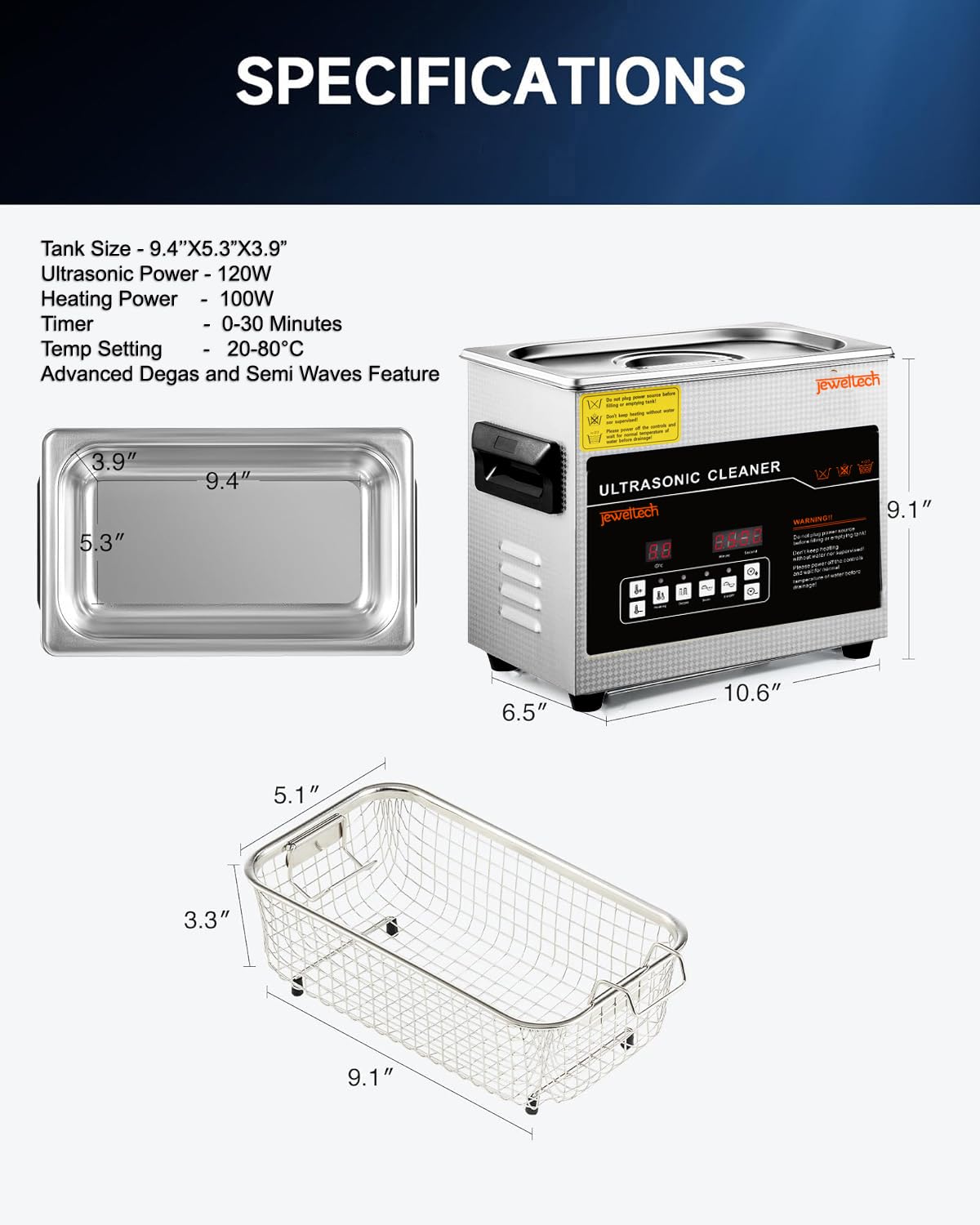 Jeweltech 3L Ultrasonic Cleaner Machine with Heater, Digital Timer, DEGAS & Semi-Wave | 42kHz Stainless Steel Ultrasonic Bath for Jewelry Dental Lab Optical & Electronic Cleaning