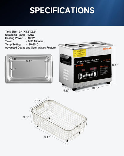 Jeweltech 3L Ultrasonic Cleaner Machine with Heater, Digital Timer, DEGAS & Semi-Wave | 42kHz Stainless Steel Ultrasonic Bath for Jewelry Dental Lab Optical & Electronic Cleaning
