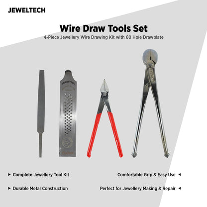 JEWELTECH JewelTech Wire Draw Tools Set – 4-Piece Jewellery Wire Drawing Kit with 60 Hole Drawplate (Janti Patti), File, Plier (Sandsi) & Jamboor for Gold, Silver, Copper & Metal Wire Shaping