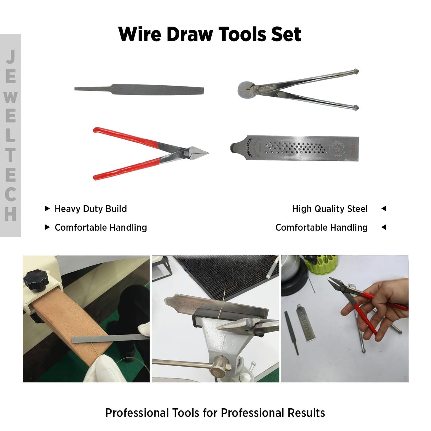 JEWELTECH JewelTech Wire Draw Tools Set – 4-Piece Jewellery Wire Drawing Kit with 60 Hole Drawplate (Janti Patti), File, Plier (Sandsi) & Jamboor for Gold, Silver, Copper & Metal Wire Shaping