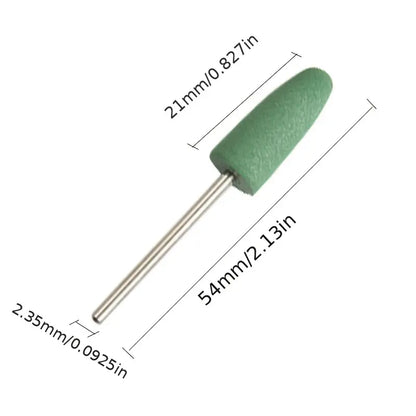 Green silicone polishing head with 2.35mm shaft, 54mm length, and 21mm head size