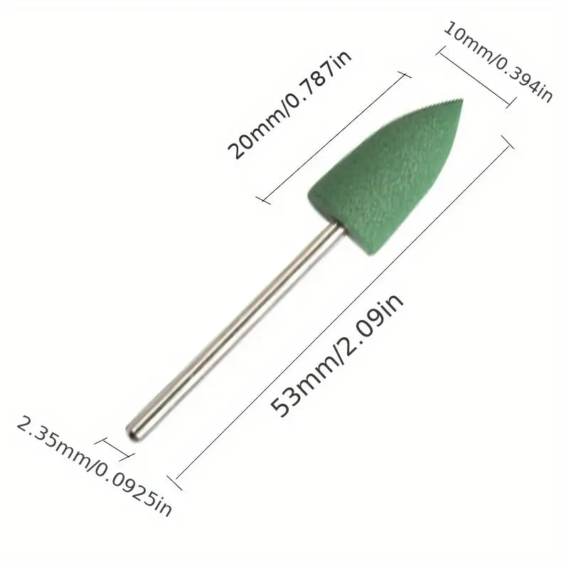 Bullet-shaped green rubber grinding bit with pointed tip, 2.35mm shaft