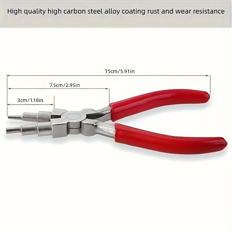 6-in-1 jewelry making pliers with red handles, made of high carbon steel, detailed dimensions shown