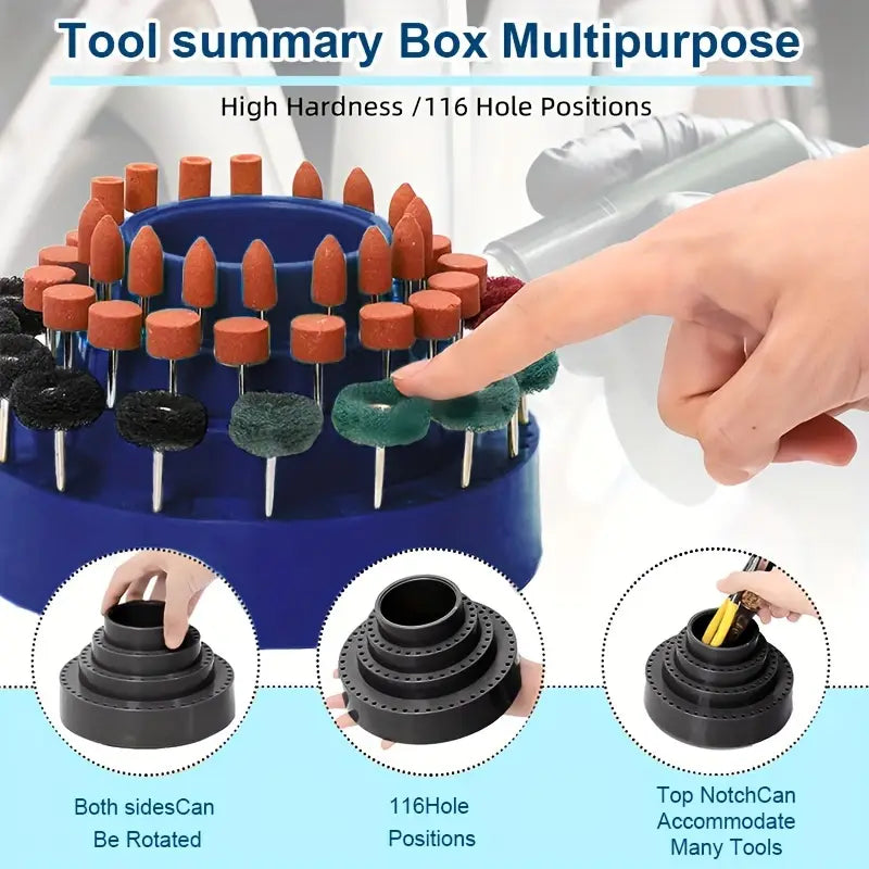 Tool storage stand with 116 hole positions for grinding heads, polishing bits, and drill accessories