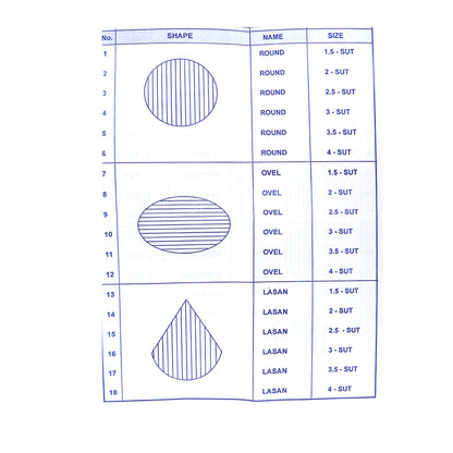 Chakupara die chart showing 18 jewelry sheet designs in round, oval, and lasan shapes with sut sizes