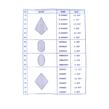Jewelry die shape chart with 18 designs including choket, capsule, ambagoti, and chokat with size options