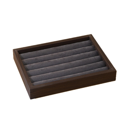Jeweltech Dark Wood Ring Roll Tray, 7 Slot Grey Fabric Organizer for Rings, Compact Jewelry Display Stand for Home, Travel and Shop Counter Use