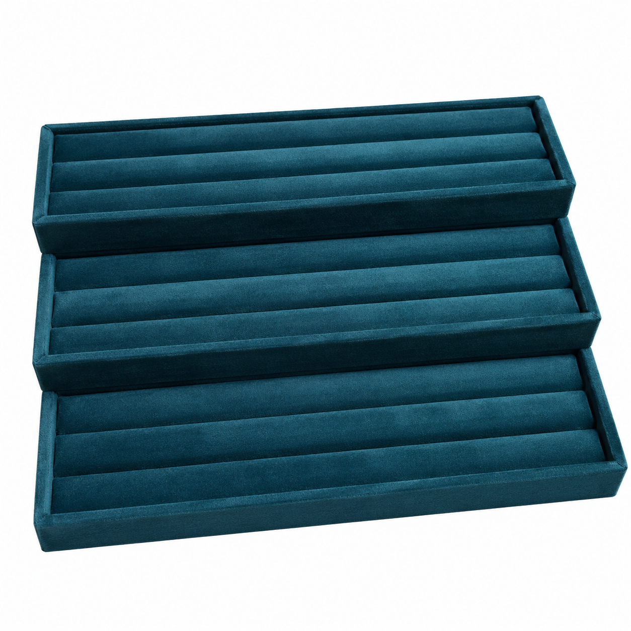 Jeweltech Teal Velvet 3-Tier Ring Display Tray, Stacked Wave Slot Organizer for Rings, Multi-Layer Jewelry Showcase for Shop and Home Storage