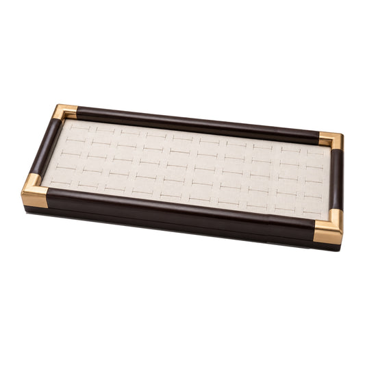 Jeweltech Wood and Gold Ring Display Tray, Woven Pattern Cream Fabric Organizer for Rings, Elegant Jewelry Showcase Stand for Home, Shop and Photoshoot Use