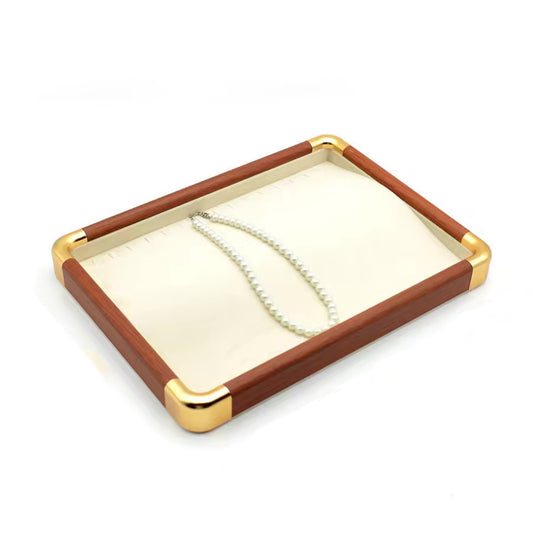Jeweltech Wood and Gold Chain Display Tray, 34x25cm Cream Fabric Organizer with Hook Slots for Necklaces and Chains, Jewelry Showcase for Shop and Home