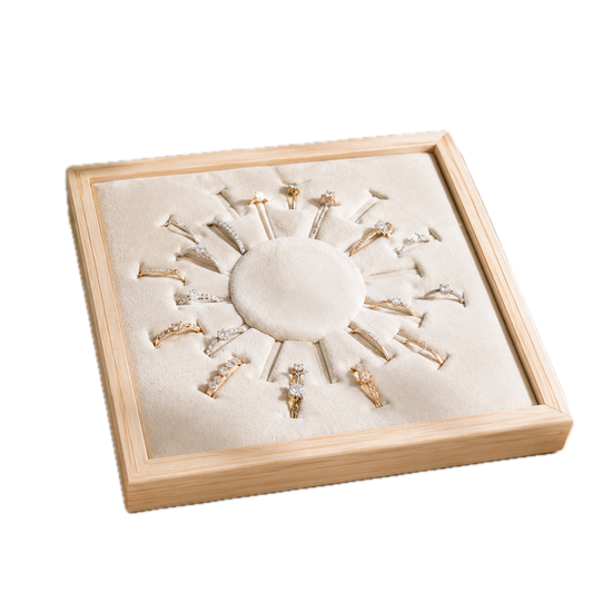 Jeweltech Square Wooden Ring Display Tray, Sunburst Velvet Ring Organizer 17.5x17.5cm, Light Oak Frame Showcase Stand for Rings & Earrings, Boutique and Photography Display