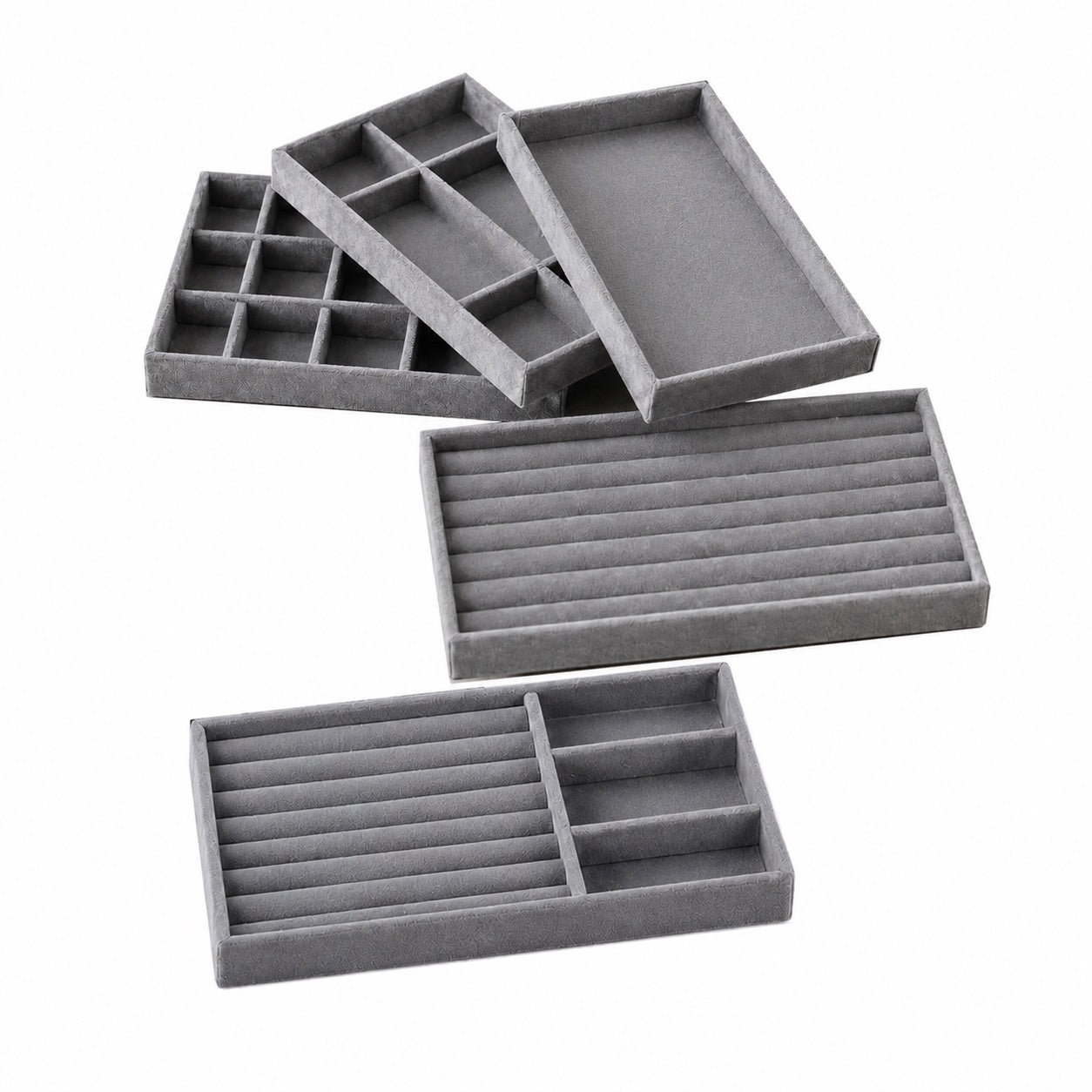 Jeweltech 4-Piece Grey Velvet Jewelry Organizer Tray Set, Mixed Compartment Storage for Rings, Earrings, Necklace and Watch, Stackable Display Trays for Home and Shop Use