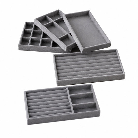Jeweltech 4-Piece Grey Velvet Jewelry Organizer Tray Set, Mixed Compartment Storage for Rings, Earrings, Necklace and Watch, Stackable Display Trays for Home and Shop Use