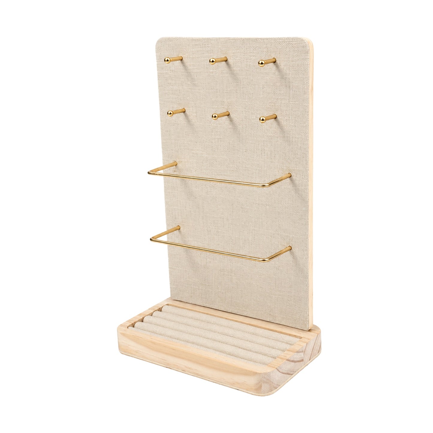 Jeweltech Beige Fabric Jewelry Stand with Tray Base, Earring Pegs and Bars for Necklaces, Bracelets and Rings, All-in-One Jewelry Organizer