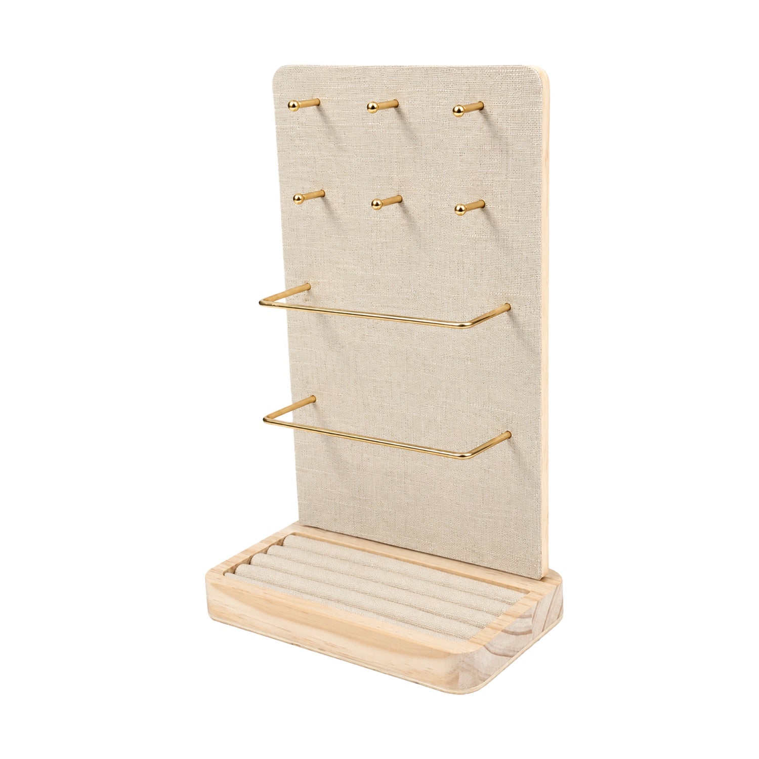 Jeweltech Beige Fabric Jewelry Stand with Tray Base, Earring Pegs and Bars for Necklaces, Bracelets and Rings, All-in-One Jewelry Organizer