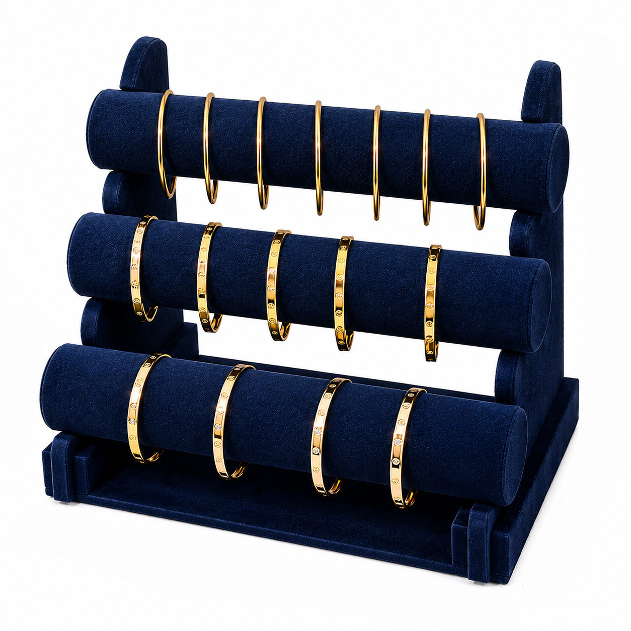 Jeweltech Teal Velvet 3-Tier Bangle Stand, T-Bar Design Holder for Bangles and Bracelets, Large Jewelry Display Stand for Shop and Home, 30x16.5cm