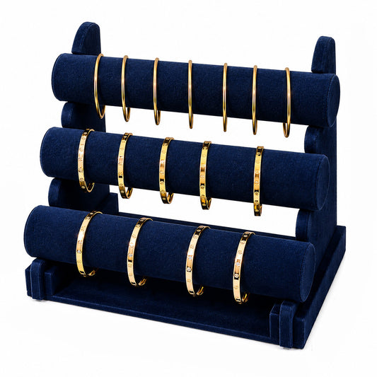 Jeweltech Teal Velvet 3-Tier Bangle Stand, T-Bar Design Holder for Bangles and Bracelets, Large Jewelry Display Stand for Shop and Home, 30x16.5cm