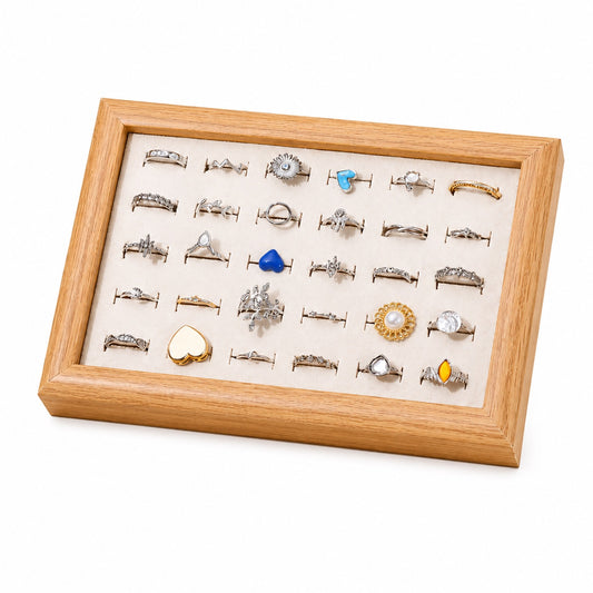 Jeweltech Walnut Wood Ring Display Tray, 24 Slot Cream Velvet Organizer for Rings and Studs, Jewelry Showcase Stand for Home, Photoshoot and Retail Counter