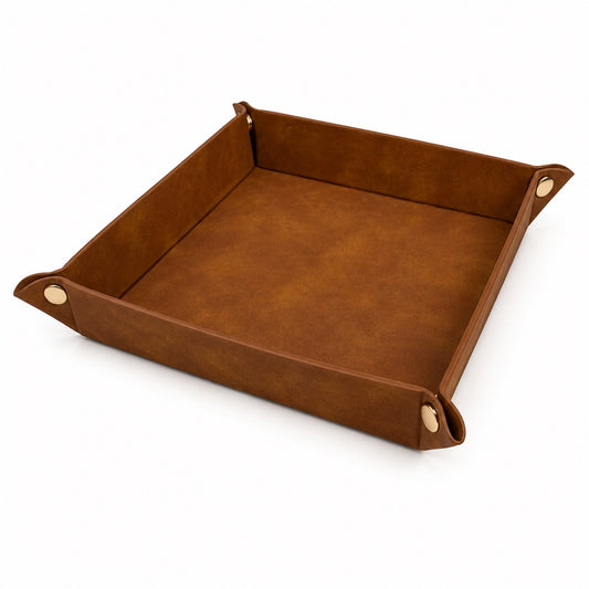 Jeweltech Foldable Leather Jewelry Tray, Premium PU Leather Valet Catch-All Organizer 20x20cm, Portable Square Display Stand for Rings, Watches & Accessories, Travel FriendlyBrown