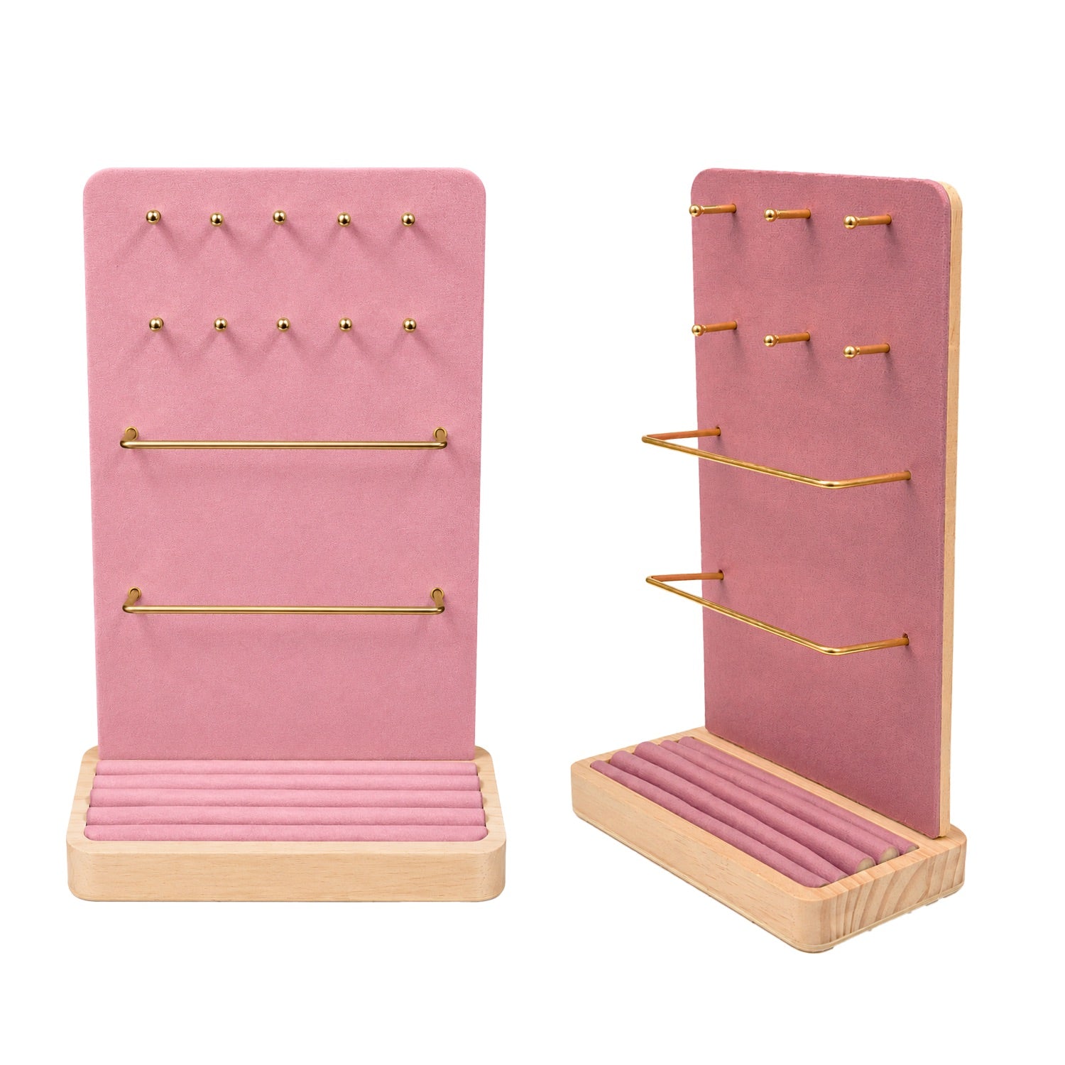 Jeweltech Beige Fabric Jewelry Stand with Tray Base, Earring Pegs and Bars for Necklaces, Bracelets and Rings, All-in-One Jewelry Organizer