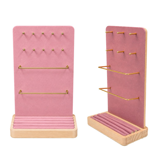 Jeweltech Beige Fabric Jewelry Stand with Tray Base, Earring Pegs and Bars for Necklaces, Bracelets and Rings, All-in-One Jewelry Organizer