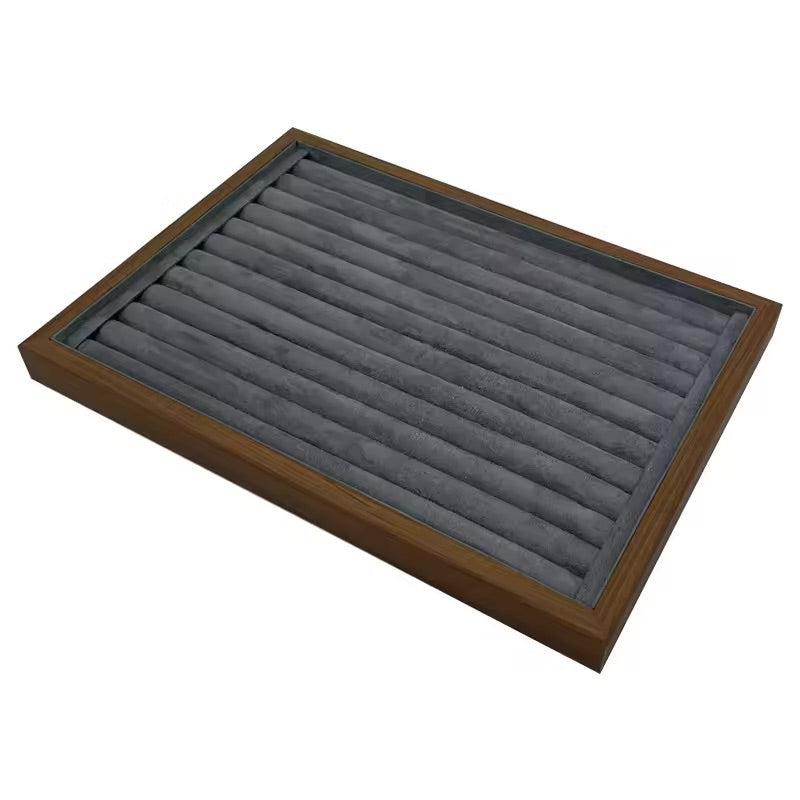Jeweltech Walnut Wood Ring Display Tray, Grey Velvet Wave Slot Organizer 35x24cm, Premium Jewelry Showcase Stand for Rings & Studs, Boutique and Retail Counter Display