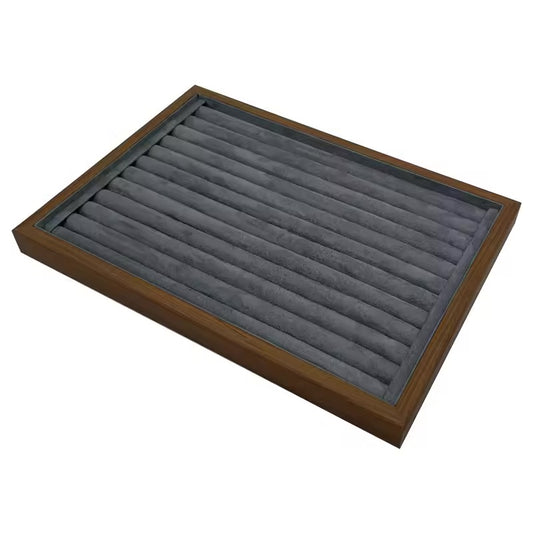 Jeweltech Walnut Wood Ring Display Tray, Grey Velvet Wave Slot Organizer 35x24cm, Premium Jewelry Showcase Stand for Rings & Studs, Boutique and Retail Counter Display