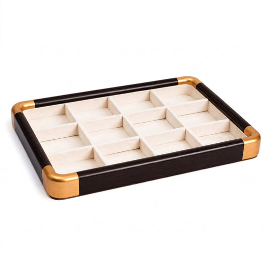 Jeweltech Walnut Wood 3-Tray Stacking Set with Gold Trim, Necklace Chain and Bracelet Organizer Trays, Jewelry Display Set for Shop and Home Storage