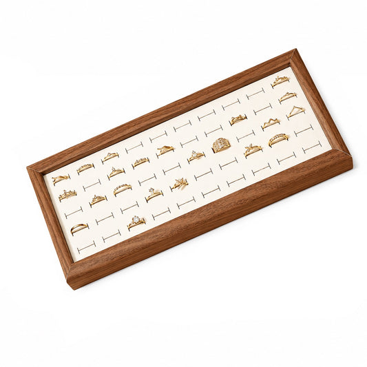 Jeweltech Wood-Framed Ring Display Tray, 50 Slot Cream Fabric Organizer for Rings and Studs, Long Rectangular Jewelry Showcase Stand for Shop Use