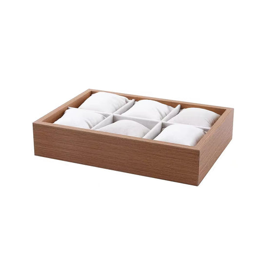 Jeweltech Wooden Watch Display Tray, 6 Pillow Slot Organizer 24x17cm for Watches, Bangles & Bracelets, Oak Wood Jewelry Showcase Stand for Retail Counter and Home Vanity