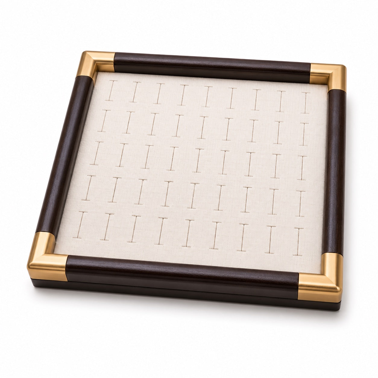 Jeweltech Wood and Gold Ring Display Tray, I-Shaped Slot Cream Fabric Organizer for Rings and Studs, Premium Jewelry Showcase Stand for Shop and Home Use