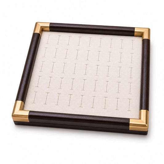 Jeweltech Wood and Gold Ring Display Tray, I-Shaped Slot Cream Fabric Organizer for Rings and Studs, Premium Jewelry Showcase Stand for Shop and Home Use